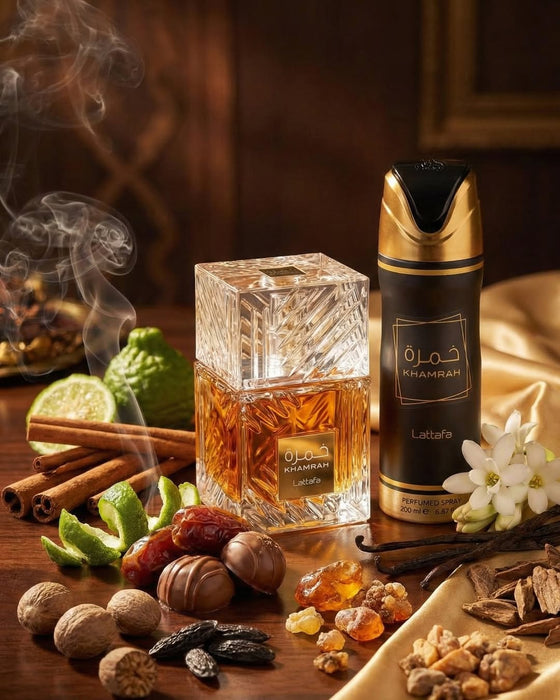 Estuche Lattafa Khamrah EDP 100 ML + Deo Spray 200 ML Hombre Lattafa
