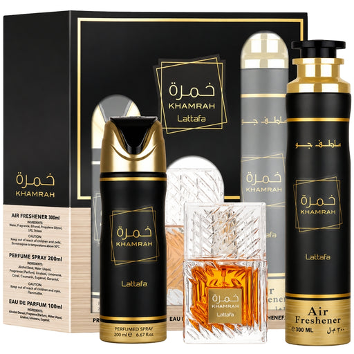 Lattafa SET Khamrah Edp 100ml + Deo 200ml + Airfresh 300ml Estuche Lattafa