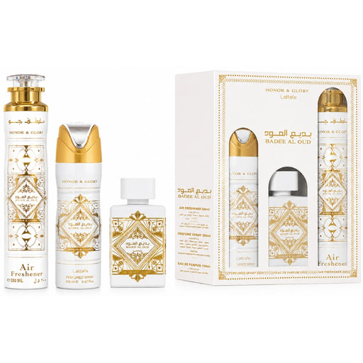 Set Lattafa Badee Al Oud Honor And Glory With 100 Ml Edp + 200Ml Deo + 300Ml Air Freshner(3Pcs Gift) Lattafa