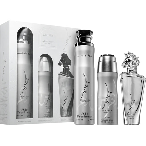 Set Lattafa Maahir Legacy With 100Ml Edp + 200Ml Deo + 300Ml Air Freshner (3 Pcs Gift) Lattafa