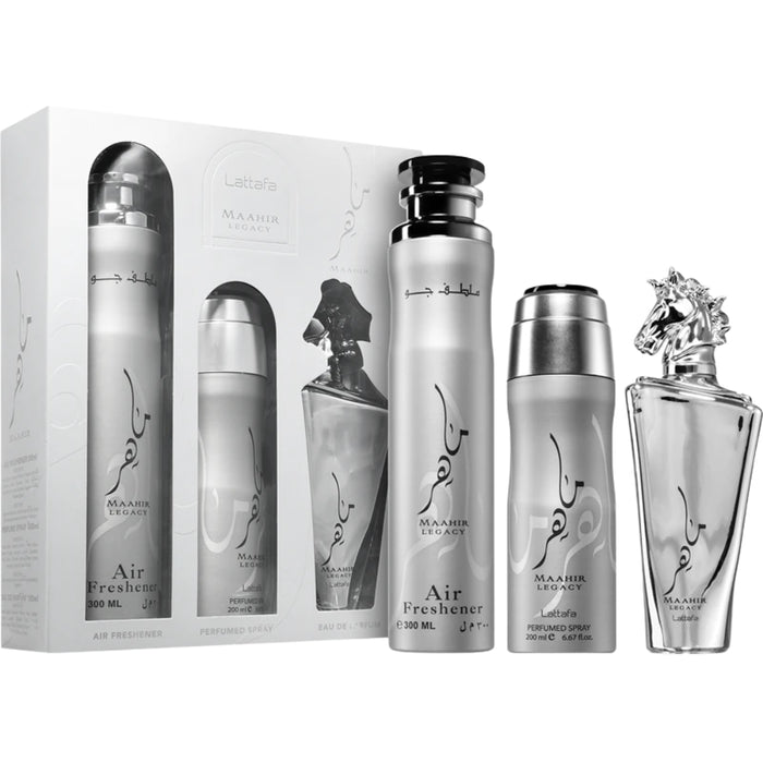 Set Lattafa Maahir Legacy With 100Ml Edp + 200Ml Deo + 300Ml Air Freshner (3 Pcs Gift) Lattafa