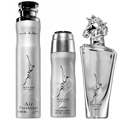 Set Lattafa Maahir Legacy With 100Ml Edp + 200Ml Deo + 300Ml Air Freshner (3 Pcs Gift) Lattafa