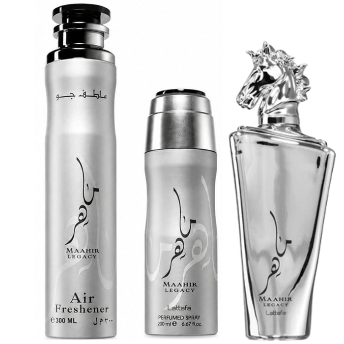 Set Lattafa Maahir Legacy With 100Ml Edp + 200Ml Deo + 300Ml Air Freshner (3 Pcs Gift) Lattafa