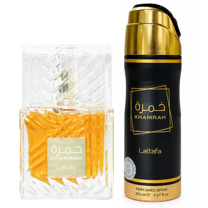 Estuche Lattafa Khamrah EDP 100 ML + Deo Spray 200 ML Hombre Lattafa